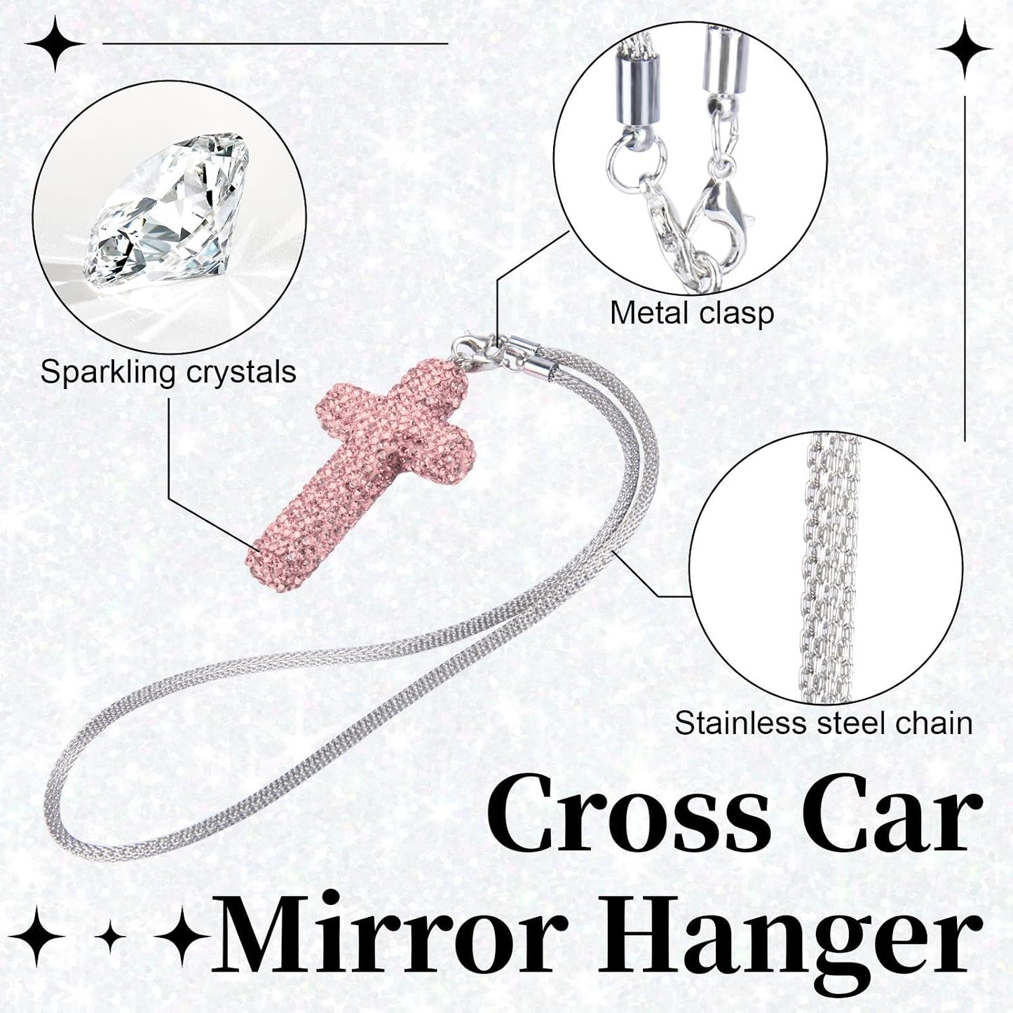 Cross for Car Mirror Hanging, Bling Cars Pendant Charm, Car Accessories for Women, Double-Sided Diamond Christian Cross Rearview Mirror Accessories (Pink)