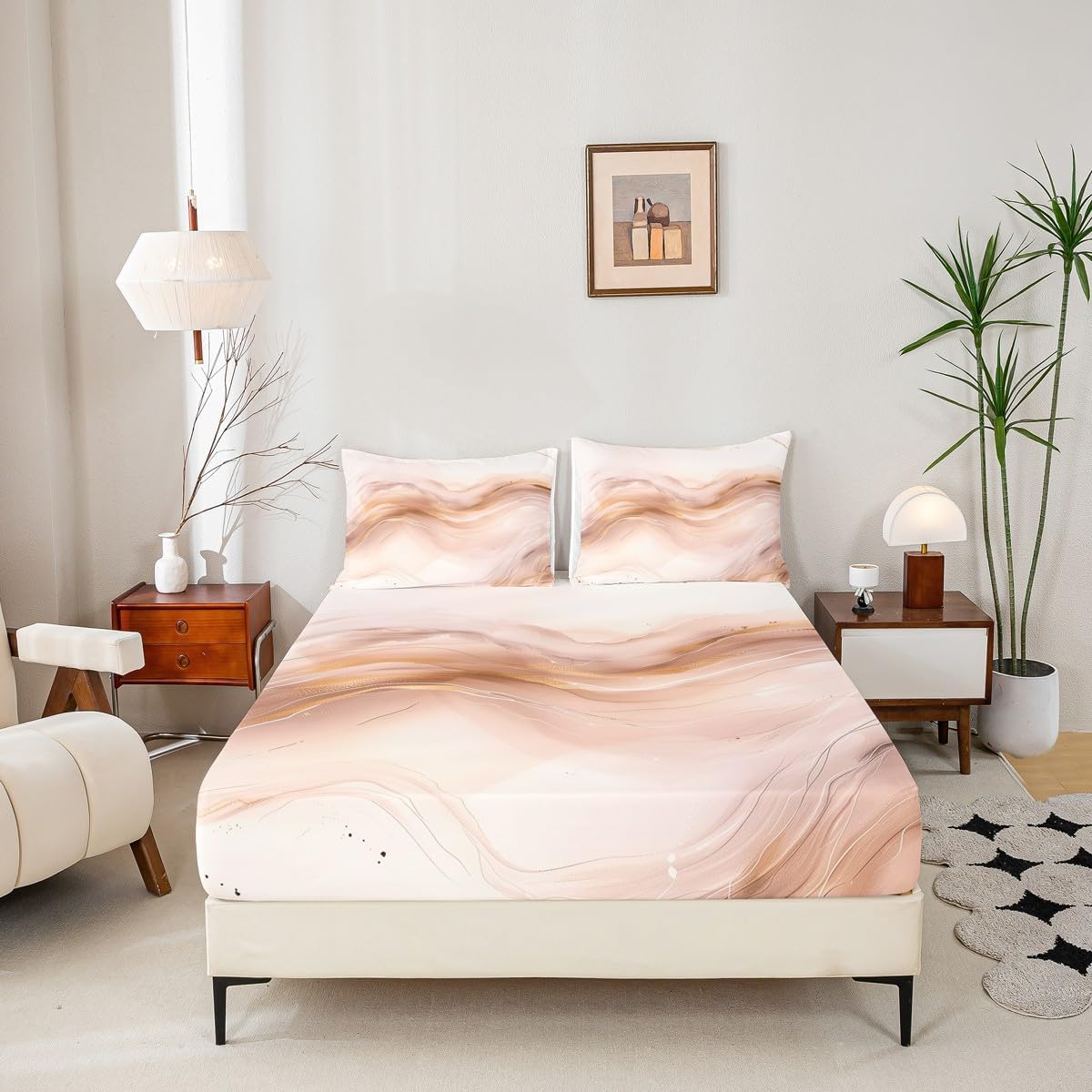Erosebridal Marbling Fitted Sheet for Boys Girls Kids Peach Pink Marble Twin Bed Sheets,Watercolor Ink Paintings Sheets Abstract Texture Bedding Sets, No Top Sheet