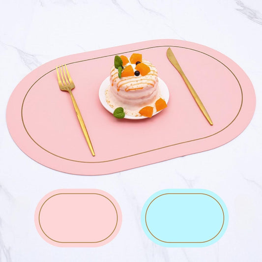 GZE PU Leather Oval Placemats Set of 6 Heat Resistant Wipeable Waterproof Modern Style Table Mat for Dining Table Decor Kitchen Party Wedding (Pink+Blue)