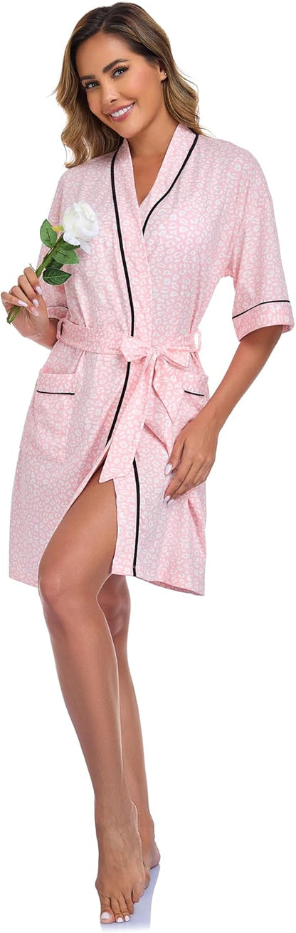 COLORFULLEAF Women's 100% Cotton Robes Summer Short Sleeve Robe Lightweight Knee Length Bathrobe Loungewear with Pockets
