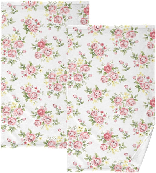 senya Towels Cotton Hand Towels Pack of 2, Pink Rose Flower Floral Ultra Soft Highly Absorbent Towels for Bathroom, 16x28 Inches