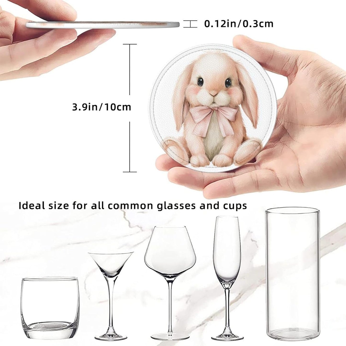 Watercolor Animal Light Pink Bunny Wearing Bow Premium Leather Coasters, Set of 6 with Holder, Stylish Beverage Coasters for Kitchen Coffee Bar