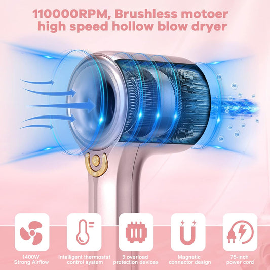 Ionic Hair Dryer, Professional Blow Dryer with High-Speed Brushless Motor for Fast Drying, Quiet Hairdryer with 2 Magnetic Nozzles, 4 Temps & 3 Speeds Settings for Salon,Home, Pink