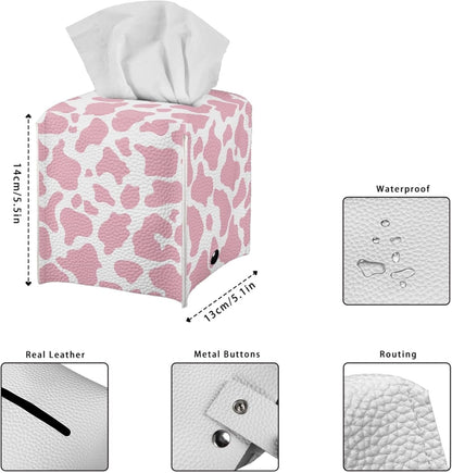 Pink Cow Print PU Leather Tissue Box Cover Square Facial Tissue Holder Facial Paper Organizer Dispenser for Bathroom,Vanity Countertop,Tabletop,Car