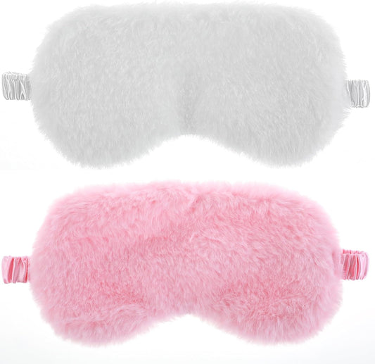 Oruola 2pcs Sleeping Mask for Kids,Comfortable Sleep Mask Plush Blindfold Satin Back Faux Fur Sleep Mask for Kid Women Men Travel Nap,Pink & White Kid Eye Mask for Sleeping