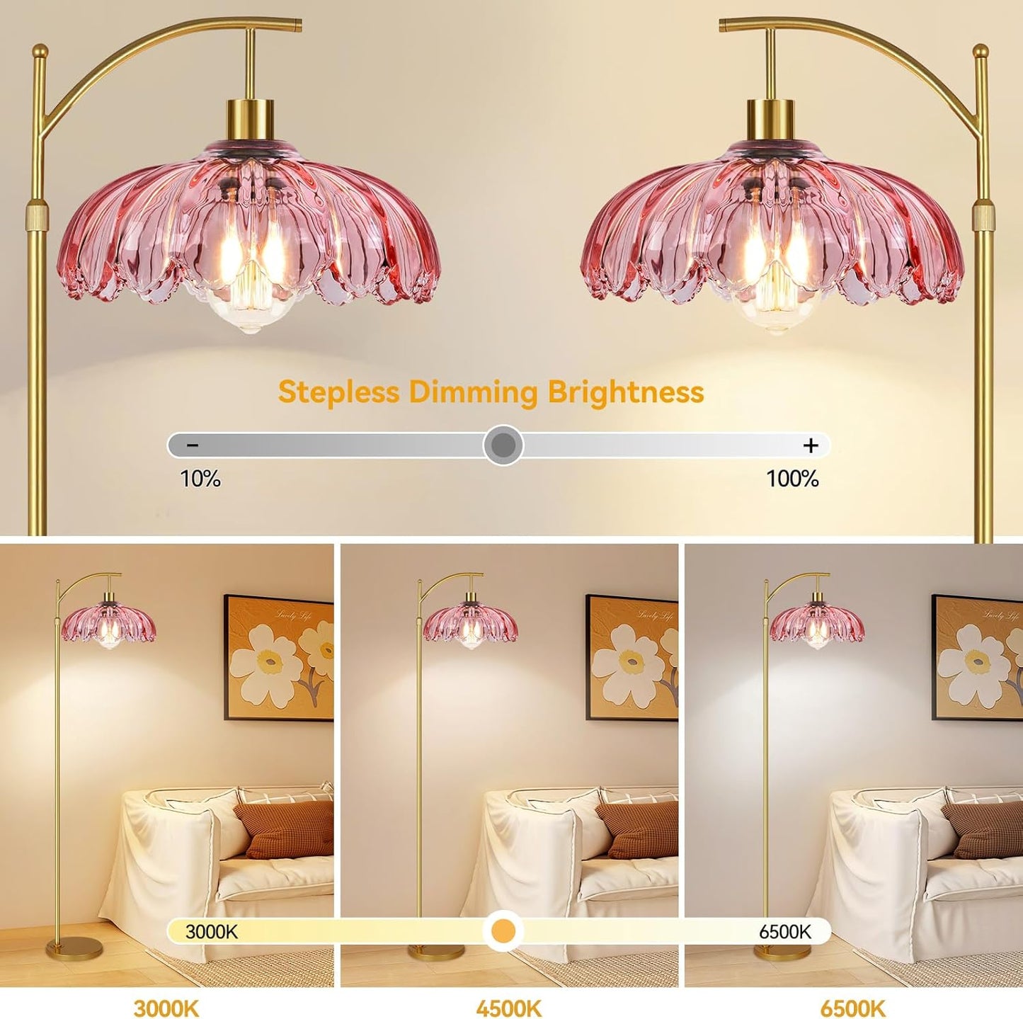 QIYIZM Pink Floor Lamp for Living Room,Bedroom,Gold Dimmable Standing Lamp with Remote,Mid Century Modern Brass Tall Lamp Boho Floor Lamps Arc Stained Glass Flower Floor Light Lamp Girls kids Bohemian