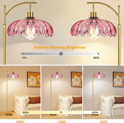 QIYIZM Pink Floor Lamp for Living Room,Bedroom,Gold Dimmable Standing Lamp with Remote,Mid Century Modern Brass Tall Lamp Boho Floor Lamps Arc Stained Glass Flower Floor Light Lamp Girls kids Bohemian