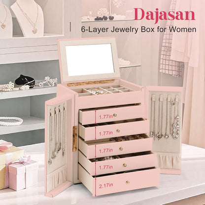 Dajasan Large Jewelry Organizer Box, 6-Tier Jewelry Storage Case with 5 Drawers, Jewelry Boxes for Women Girls with Mirror, Double Door, Textured PU Leather, Gift Idea, Stylish (Pink + Gold)