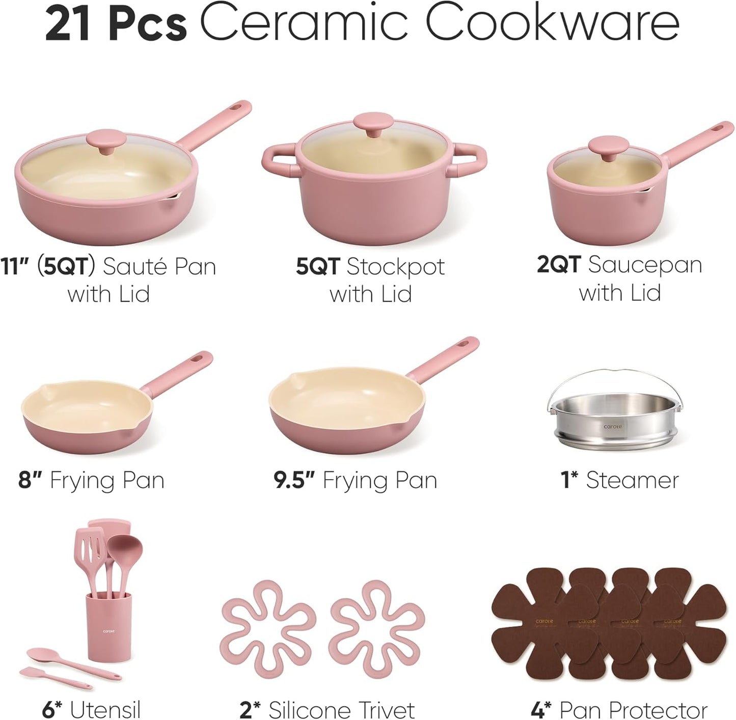 CAROTE 21pcs Cookware Set Nonstick Pots and Pans Set, Ceramic Cookware Set Induction Cookware, Non toxic Healthy Non Stick Kitchen Cooking Set, PFAS PTFE Free