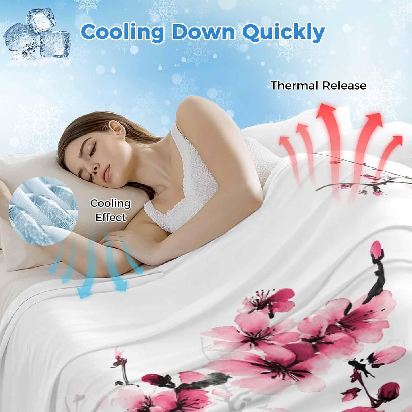 Pink Flowers Cooling Blanket, Lightweight Breathable Summer Throw Blanket with Double Sided Cold Effect, Watercolor Blossoms Florals Branches Picnic Beach Blankets Bed Sheet for Hot Sleepers 30"x40"