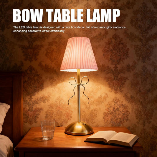 Cordless Table Lamp, 13 Inch Bow Table Lamp, Small Desk Lamp with Fabric Shade, Modern Decorative Bedside Light Small Princess Desk Lighting for Girls Room Princess Room Bedrooms (Pink)
