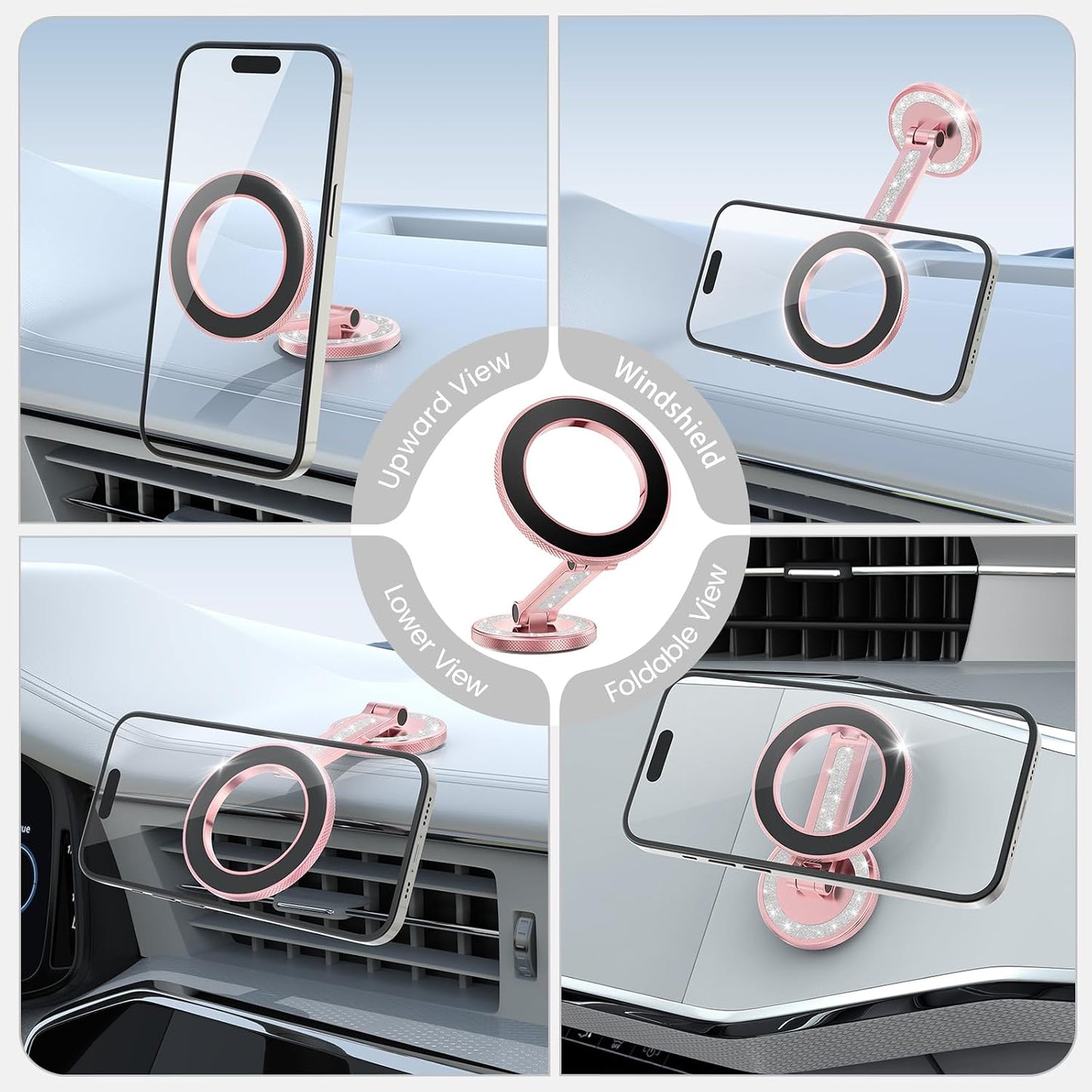 Pikabo Pink Phone Holders for Your Car, Dashboard Windshield Car Phone Holder Hands Free Phone Mount for Car Compatible with iPhone MagSafe Accessories. (Glitter Pink)