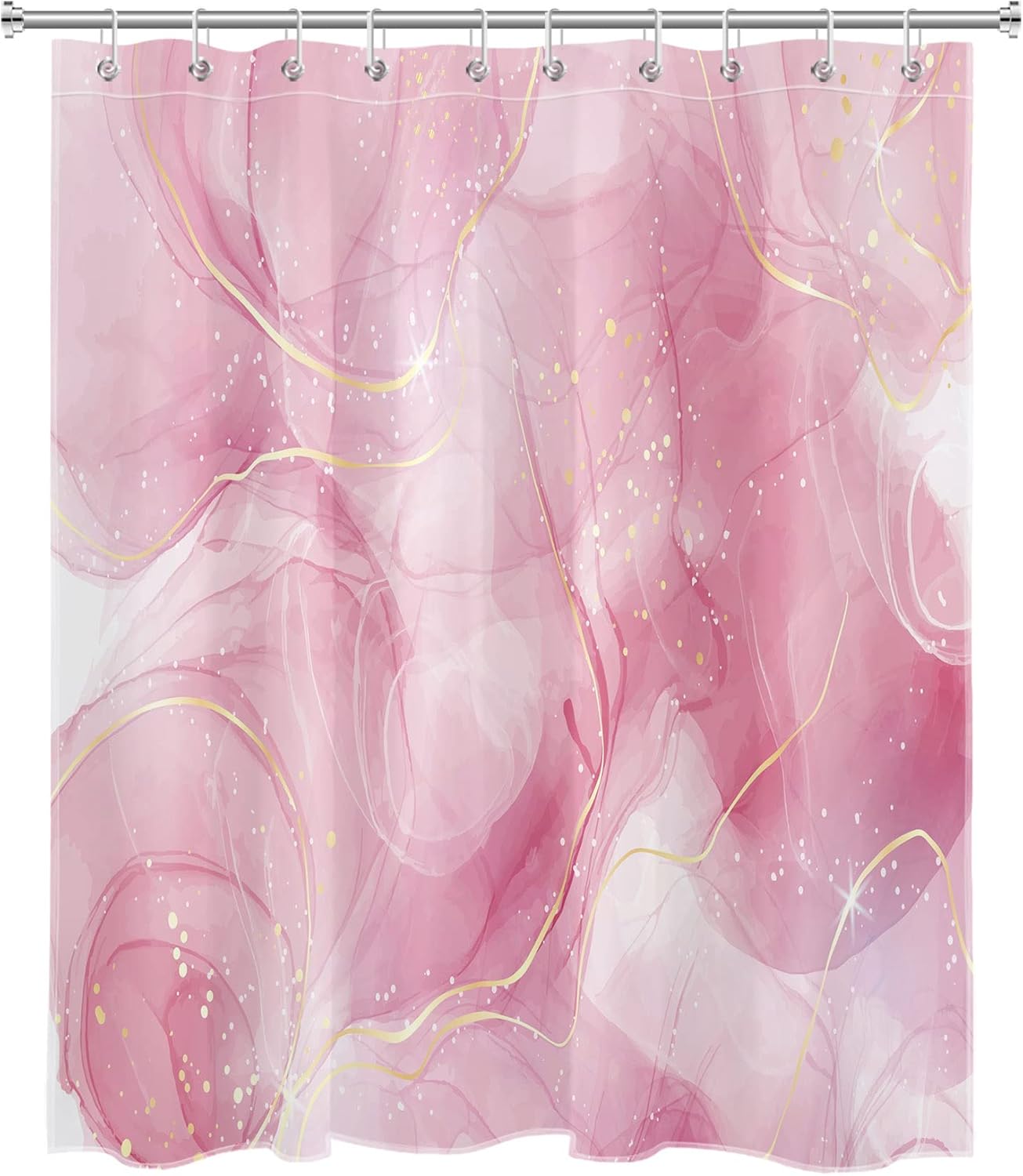 HVEST Modern Marble Shower Curtain, Pink and Gold Luxurious Marble Bathroom Curtain with Hooks, Abstract Art Bath Curtain Polyester Fabric Bath Decor Accessories, 60x72 Inches,YL30460Q