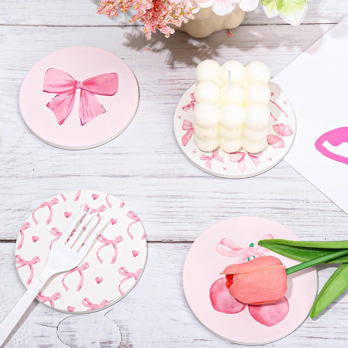 FYSUIMU 4Pcs Pink Bow Coasters Cute Coquette Bowknots Ceramic Drink Coasters Absorbent Bow Cherries Cup Mat for Mother's Day Valentines Baby Shower Birthday Home Kitchen Office Party Table Decor