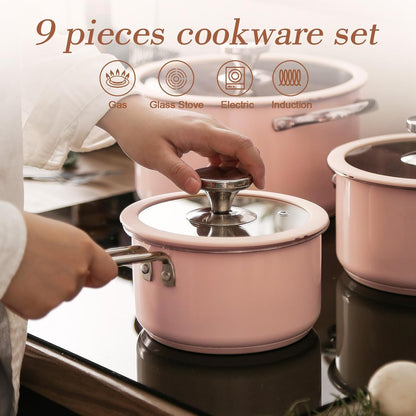 9pcs Stainless Steel Cookware Set for Family Kitchen, 304 Grade, Ceramic Coated Exterior, Induction Compatible Pots and Pans with Glass Lids, Non-Toxic & Easy to Clean,Pink
