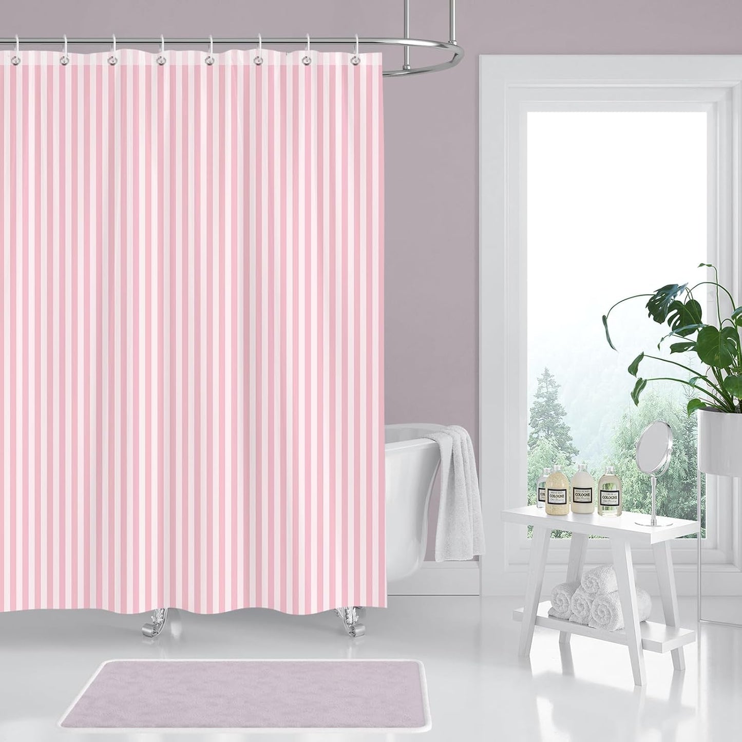 Pink and White Striped Shower Curtain,Pink Vertical Striped Geometric Waterproof Polyester Bathroom Curtain,Modern Farmhouse Bath Decor with 12 Hooks 78 x 72 inch