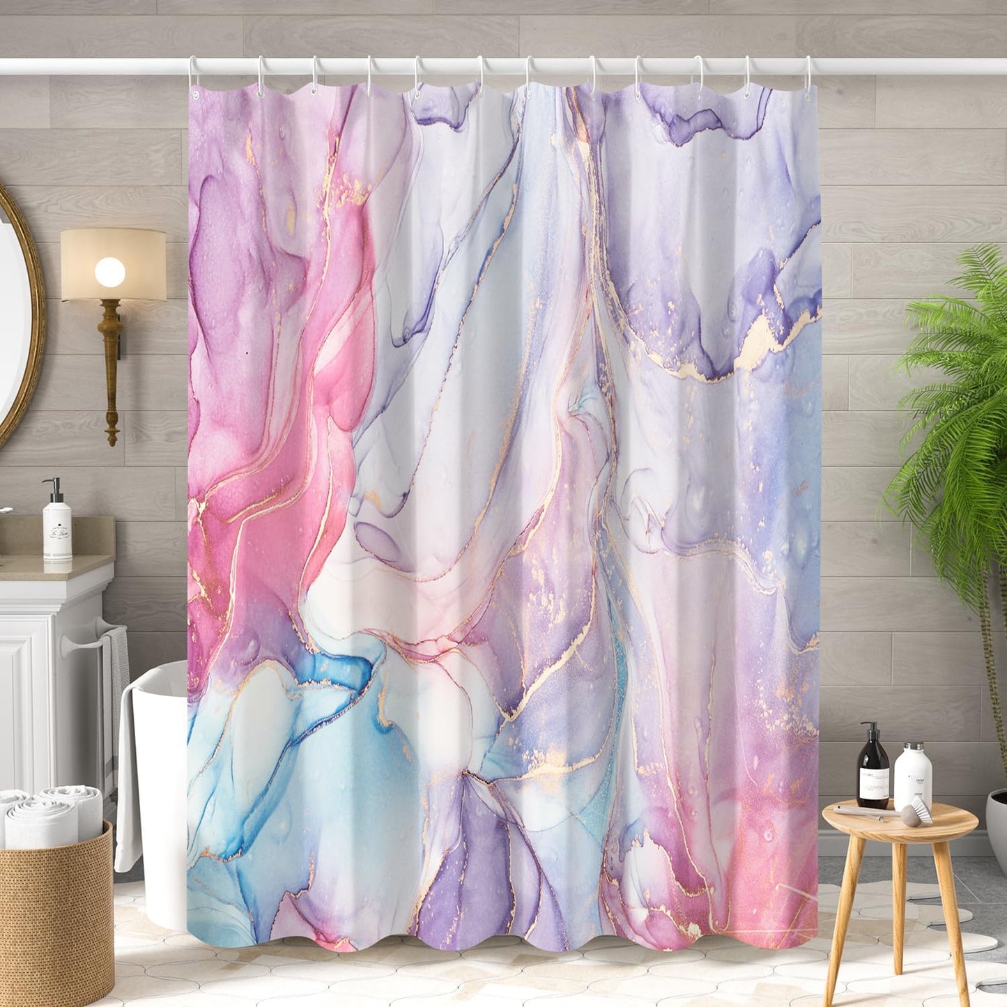 Purple Pink Marble Shower Curtain Abstract Modern Ink Texture Colorful Bathroom Curtain Set Gold Stripes Ombre Art Decor Waterproof Fabric Curtains with Hooks 72x72 inch