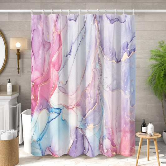Purple Pink Marble Shower Curtain Abstract Modern Ink Texture Colorful Bathroom Curtain Set Gold Stripes Ombre Art Decor Waterproof Fabric Curtains with Hooks 72x72 inch
