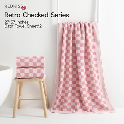 REDKISS 2 Piece Pink Checkered Bath Towels Set - 27”x55” Highly Absorbent 600GSM Pink Cotton Towels for Bathroom Decoration, Retro Checkered Design