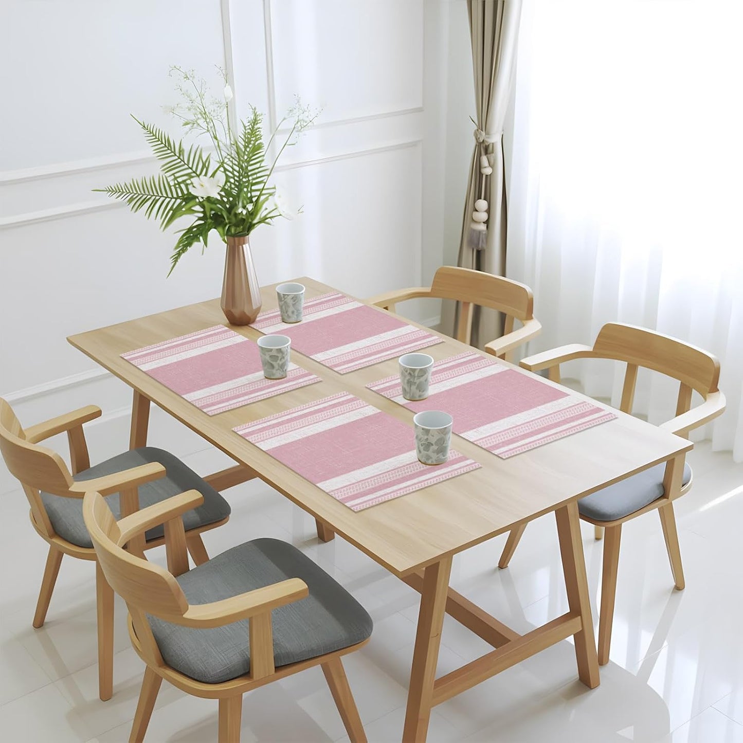 Vintage Pink Striped Placemats Set of 6, Farmhouse Modern Stripes Boho Placemats for Dining Table, Place Mats for Kitchen Tabletop, Waterproof Wipeable Dining Table Mats Set