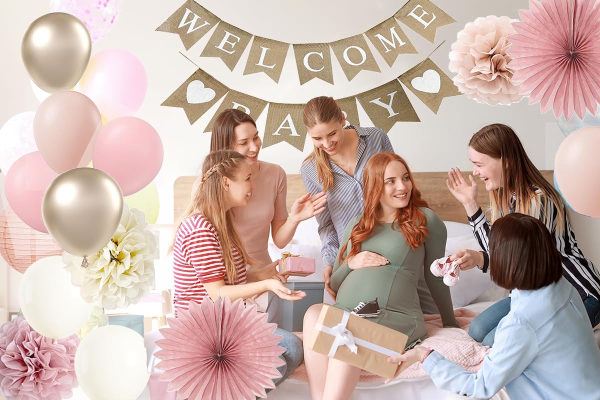 Baby Shower Decorations for Girls with Rustic Burlap Welcome Banner and Rose Gold Balloons Dusty Pink Paper Party Supplies (Pink + Champagne Gold)