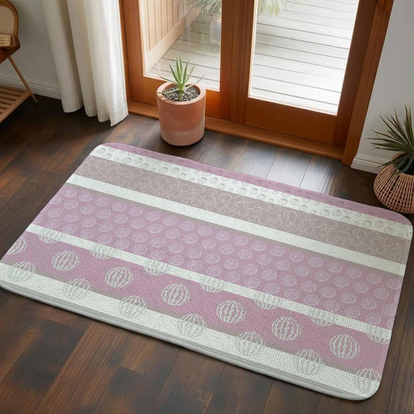 Bathroom Rugs 31.5x47.2 Inch, Farm Fruits Non Slip Rugs Washable Low Pile, Watermelon Lemons Peach Pink Grey Striped Front Door Mat Entryway Rug with Rubber Backing