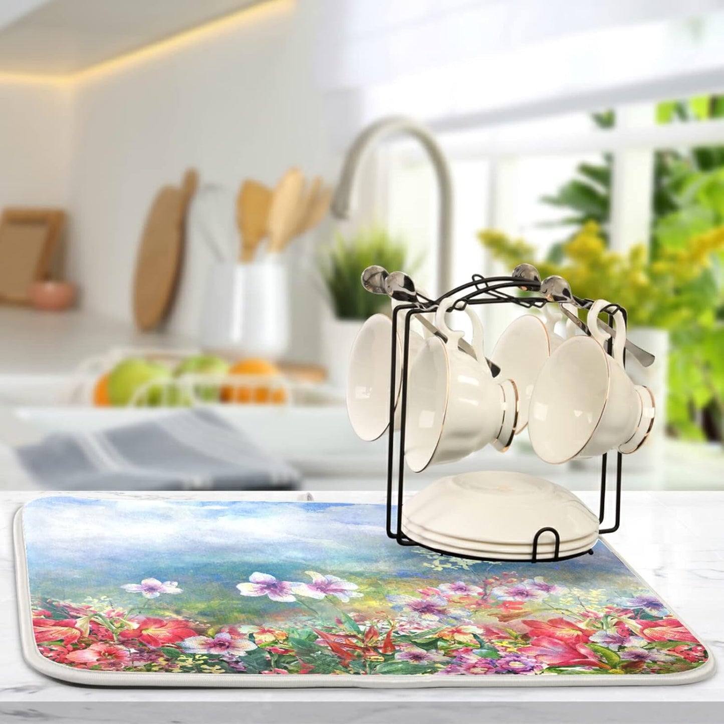 Absorbent Dish Drying Mat for Kitchen Counter - Pink Spring Blooming Flowers Microfiber Drying Pad, Reversible Drainer Mats for Countertop, Medium 16 x 18 inch