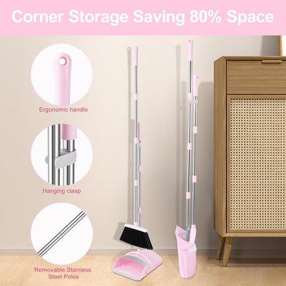 Pink Broom and Dustpan Set for Home, 52-in Long Handle Broom with Dustpan Combo with Dustpan Teeth Easy to Scrape Off Pet Hair, Indoor&Outdoor Sweeping（Pink）