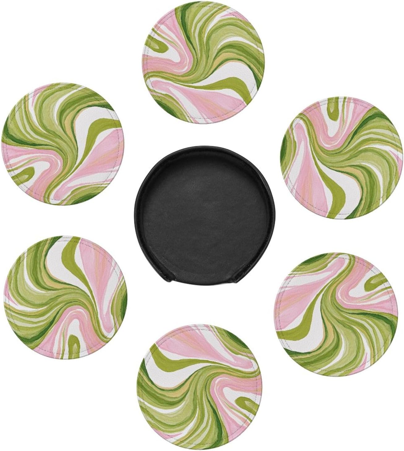 Watercolor Light Pink Green Swirl Marble Premium Leather Coasters, Set of 6 with Holder, Stylish Beverage Coasters for Kitchen Coffee Bar