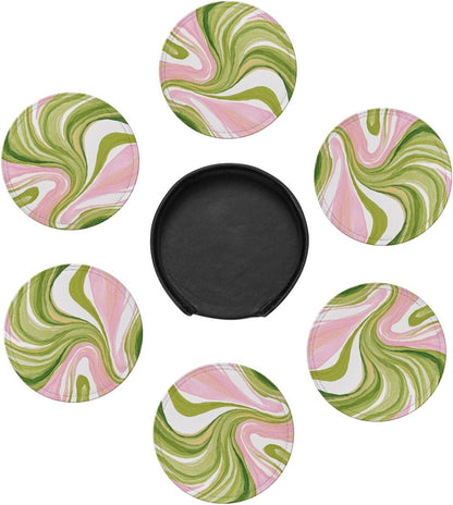 Watercolor Light Pink Green Swirl Marble Premium Leather Coasters, Set of 6 with Holder, Stylish Beverage Coasters for Kitchen Coffee Bar