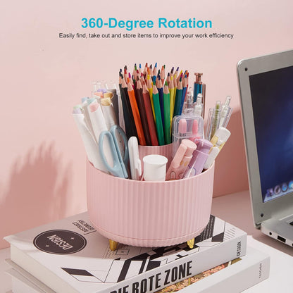 360 Degree Rotating Desk Pen/Pencil Holder, 5-Slot Organizer, Cute Pink Desk Accessory