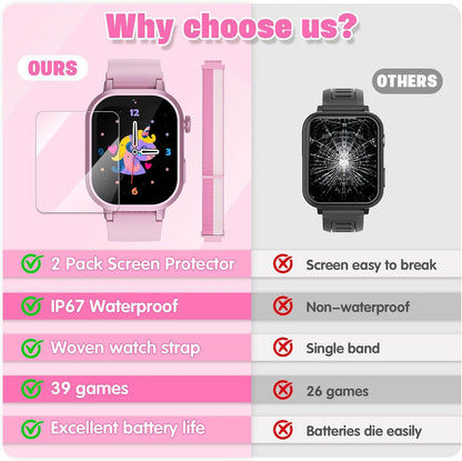 Wiszodet Kids Waterproof Smart Watch Girls Gift Age 3-12 with 39 Game HD Touch Screen Music Player Video Camera Pedometer Alarm Clock Birthday Gift for 6 7 8 9 Year Olds Pink
