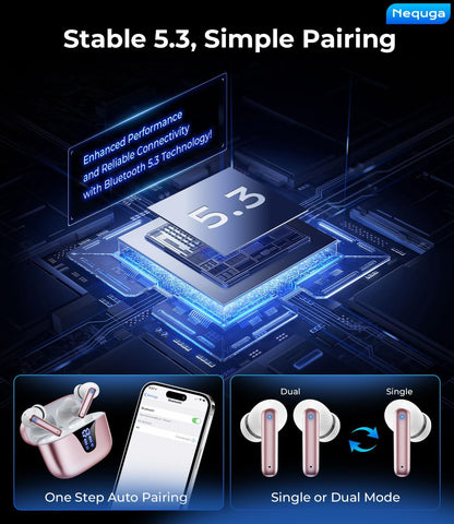 Wireless Earbuds Bluetooth Headphones, 50H Playtime Ear Buds with Mic, LED Digital Display Charging Case, IPX7 Waterproof, Deep Bass Stereo, in-Ear Earphone for iPhone Andriod Phone - Blush