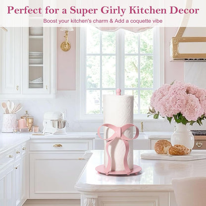 Pink Bow Paper Towel Holder Coutertop - Bow Accent Paper Towel Holder, Pink Kitchen Decor and Accessories, Coquette Room Decor Girly Gifts for Women, 3D Handmade Pattern, Weighted Base