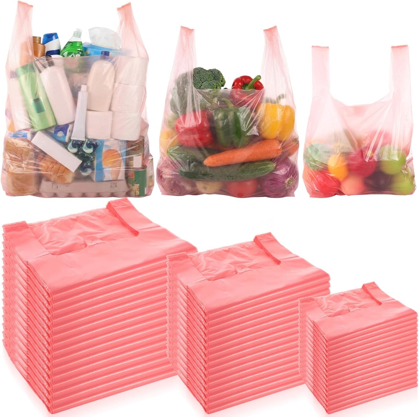 Dunzoom 200 Pcs Pink T-shirt Bags Bulk PE Plastic Shopping Trash Grocery Retail Bags with Handles for Business, Retails, Grocery, Take Out, Supermarket, 3 Size, 17" x 29", 12" x 20", 7" x 13"