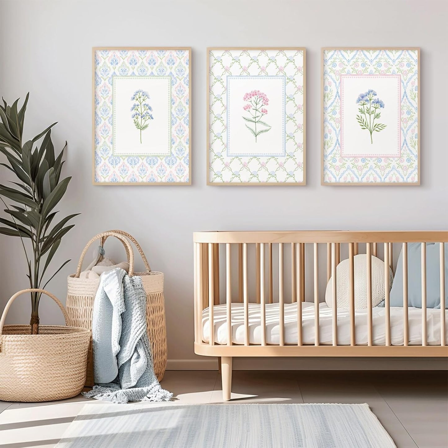 Lhoiplme Wildflower Nursery Wall Art Decor Baby Girl Room Canvas Prints Pastel Floral Wall Art Botanical Flower Pictures Pink Blue Wildflower Painting Artwork for Girls Bedroom 16x24x3 Inch Unframed