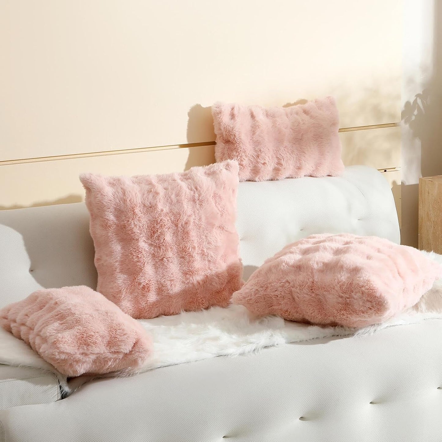 linmopm Excluding Insert Faux Rabbit Fur Bubble Pack of 2 Throw Pillow Cover Double Side 18x18 Inch Pink Thick Plush Dense Fuzzy Decorative Cushion Covers for Couch Bedroom