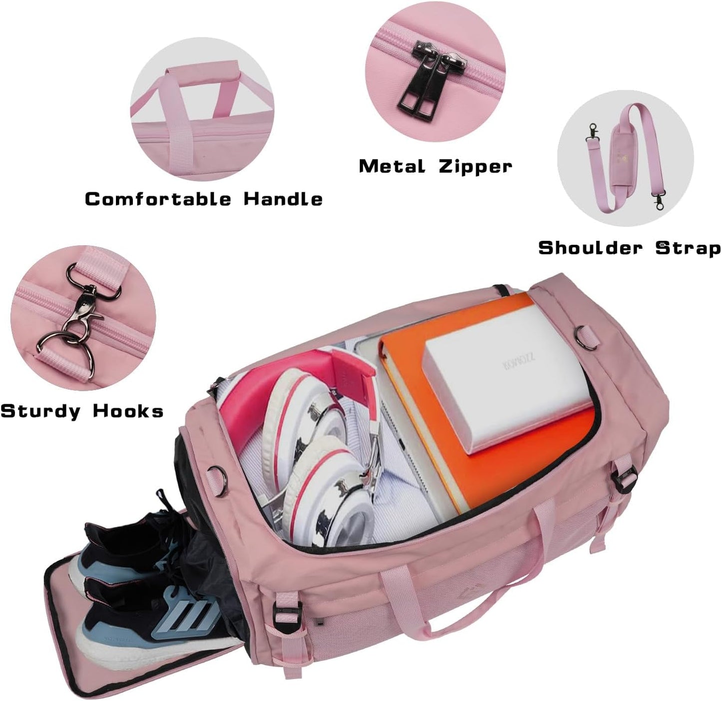 Large Sports Gym Bag, Travel Duffel bag with Wet Pocket & Shoes Compartment for men women, 65L, Lightweight（Pink）