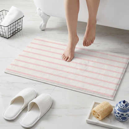 Non Slip Bath Mat for Bathroom Floor Tub, Minimalist Pink Stripe on Beige Bathroom Rug Water Absorbent Soft Shaggy Rugs Indoor Doormats Modern Pinstripes Line Art Mats,16x24in