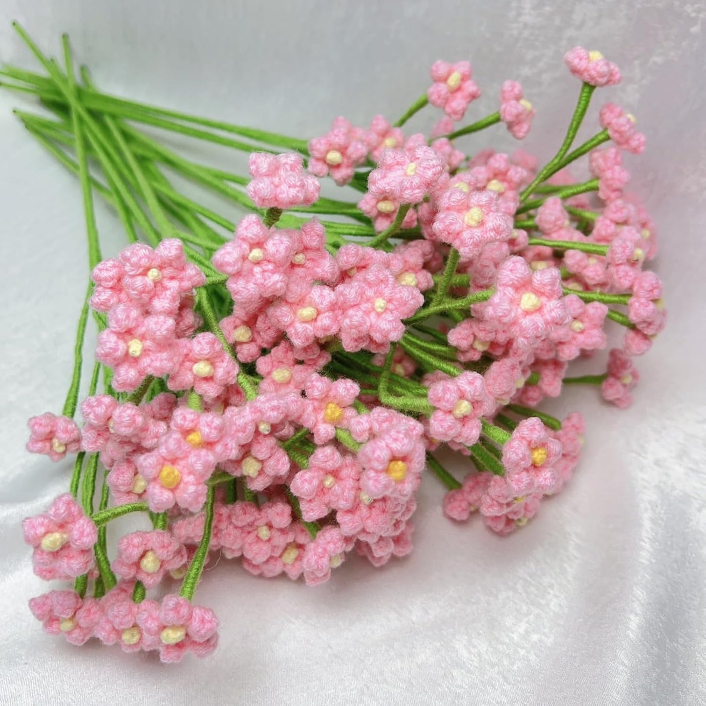 3Pcs Handmade Crochet Baby's Breath Bouquet, Bendable Stem Gypsophila, Forever Yarn Flower for Graduation Mother's Day Birthday Gift, Boho Farmhouse Desk Bedroom Home Decor(Pink)