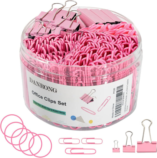 Pink Binder Clips Paper Clips,380 PCS Assorted Sizes Paperclips Paper Clamps Rubber Bands for Files, Papers, Home Supplies (Pink)