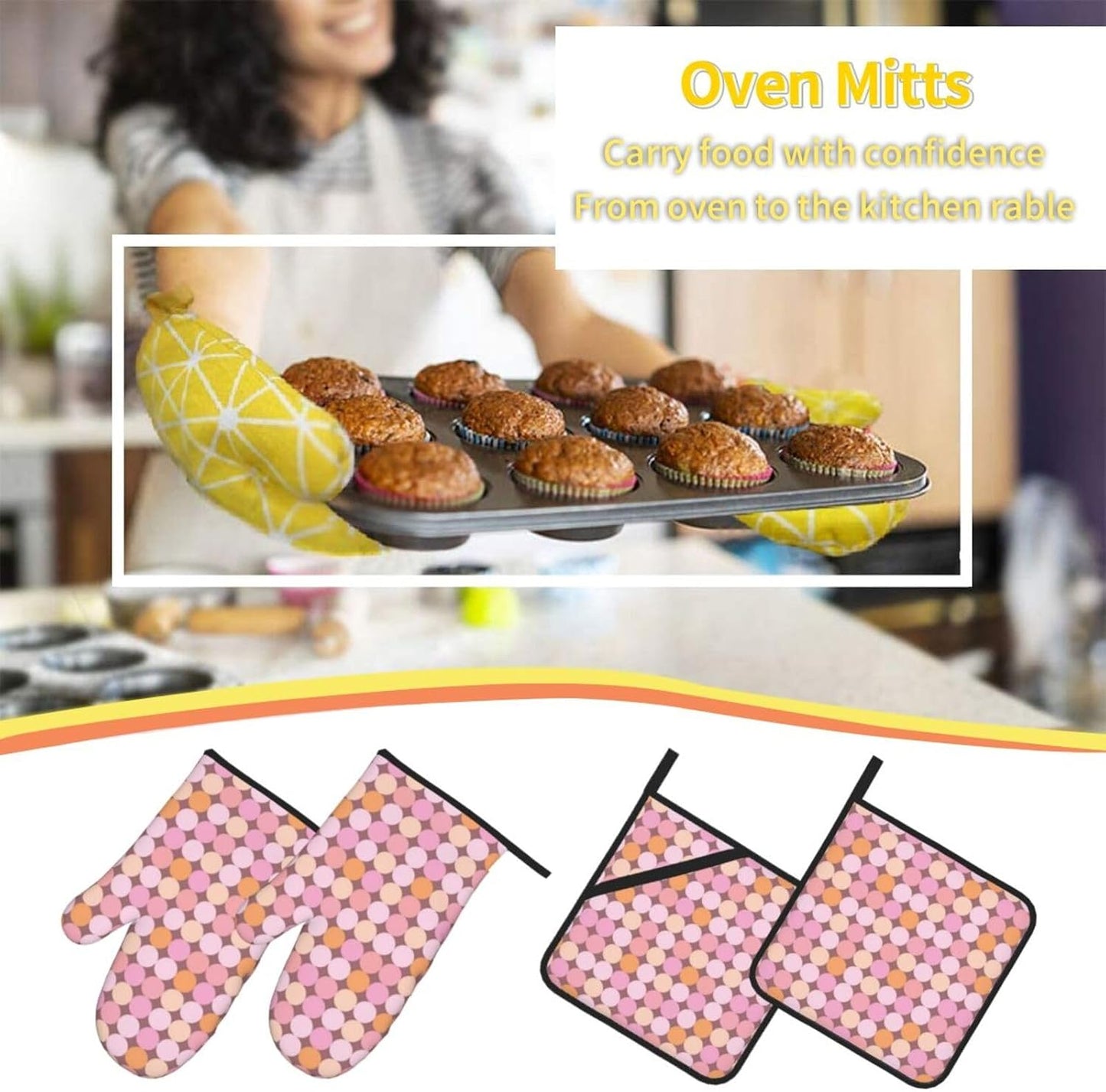 4 Pieces Oven Mitt and Pot Holder Sets, Pink and Orange Polka Dots Oven Mitts Set Heat Resistant Baking Gloves Kitchen Microwave for Cooking, BBQ