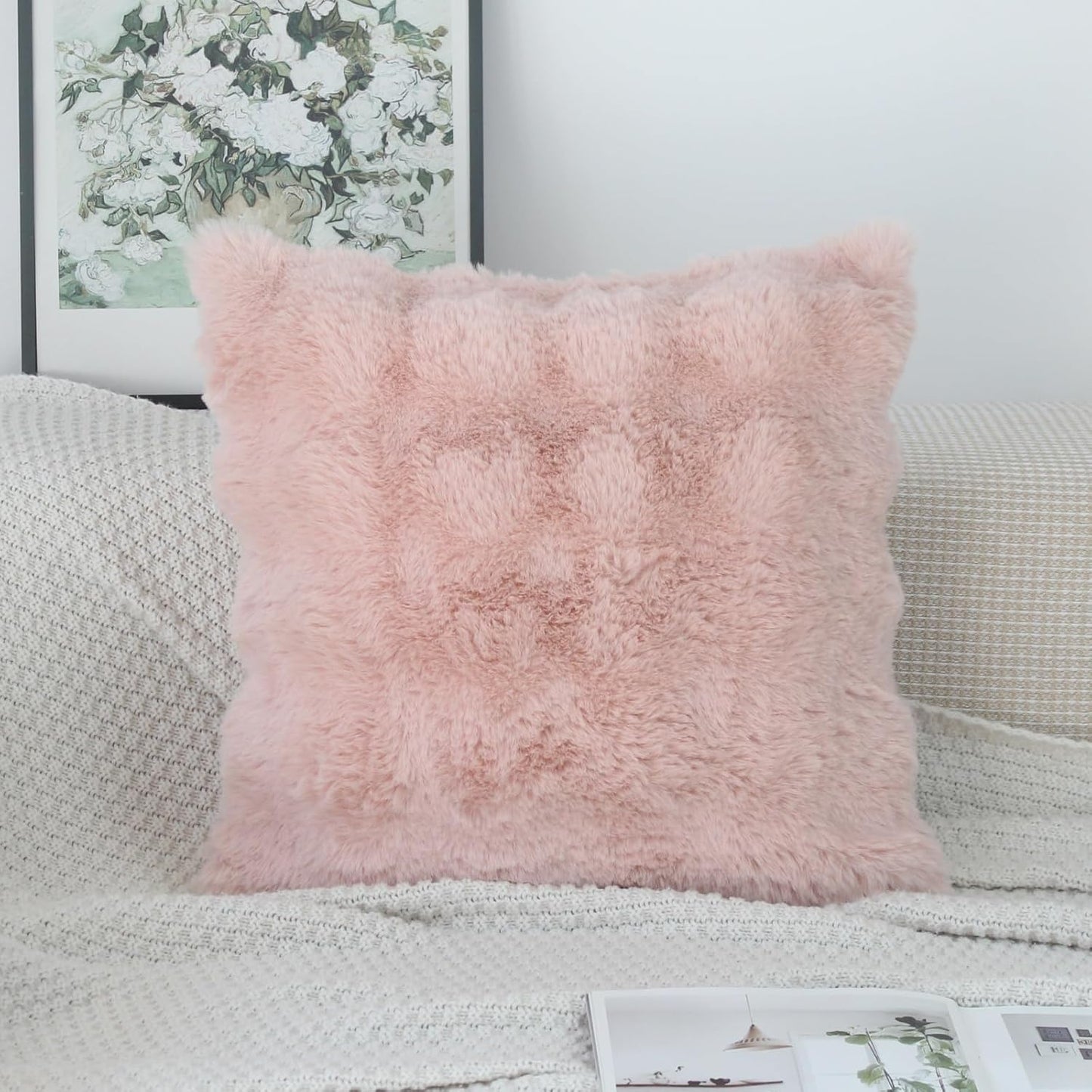 NIULAA Soft Fluffy Faux Fur Throw Pillow Covers 18x18 Blush Pink Set of 2 Luxury Thick Plush Cute Decorative Pillowcases for Sofa Couch Living Room