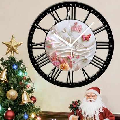 Metal Wall Clock for Living Room -10" Pink Butterflies and Fish in Coral Garden Silent Non Ticking,Battery Operated, Antique Clocks for Farmhouse,Bedroom,Kitchen - Rome Numerals