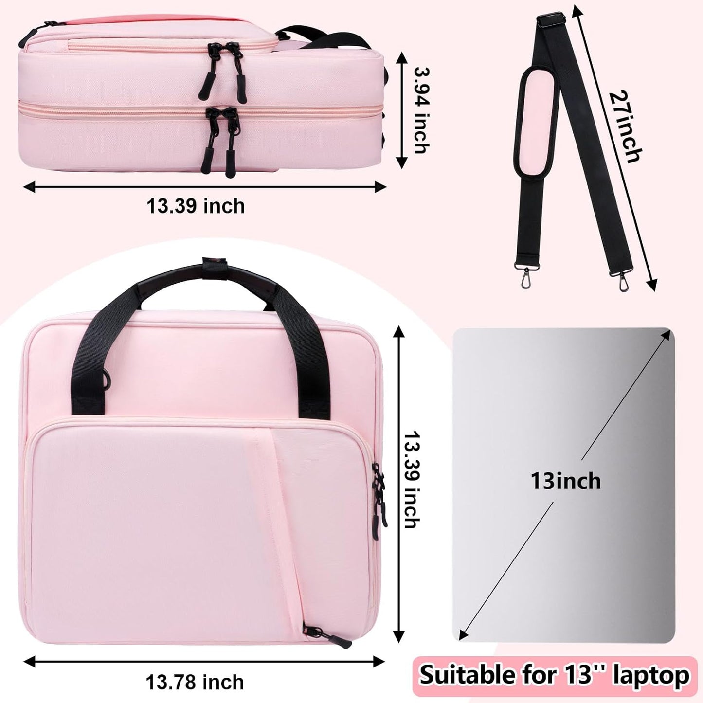 3 D-Ring Zipper Binder 2 Inch with Shoulder Strap, Waterproof Oxford Binder with Zipper Storage 500 Sheets Capacity, Multi-Pockets Organizer Bag for 13 Inch Laptop School& Office (Pink)