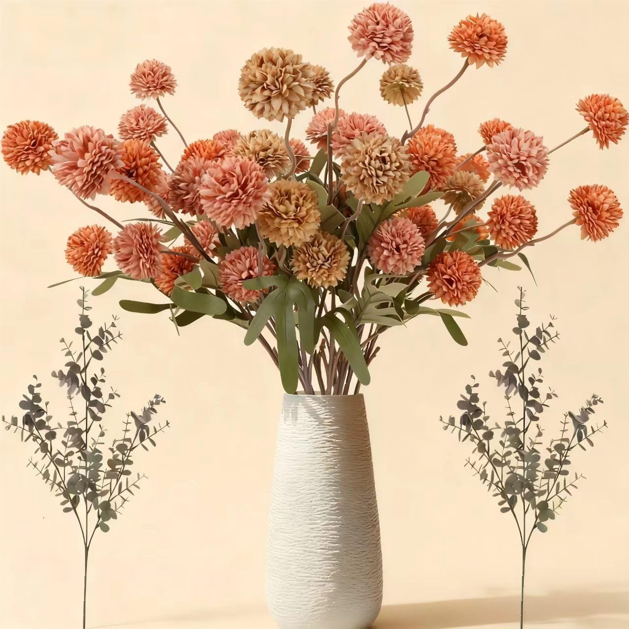 Geegoods Fall Faux Pompon Mum Flowers – 10 Stems, 21” Long Burnt Orange Brown Pink Orange Artificial Flowers with 2 Eucalyptus Stem for Vase, Rustic Autumn Centerpieces & Fall Home Décor
