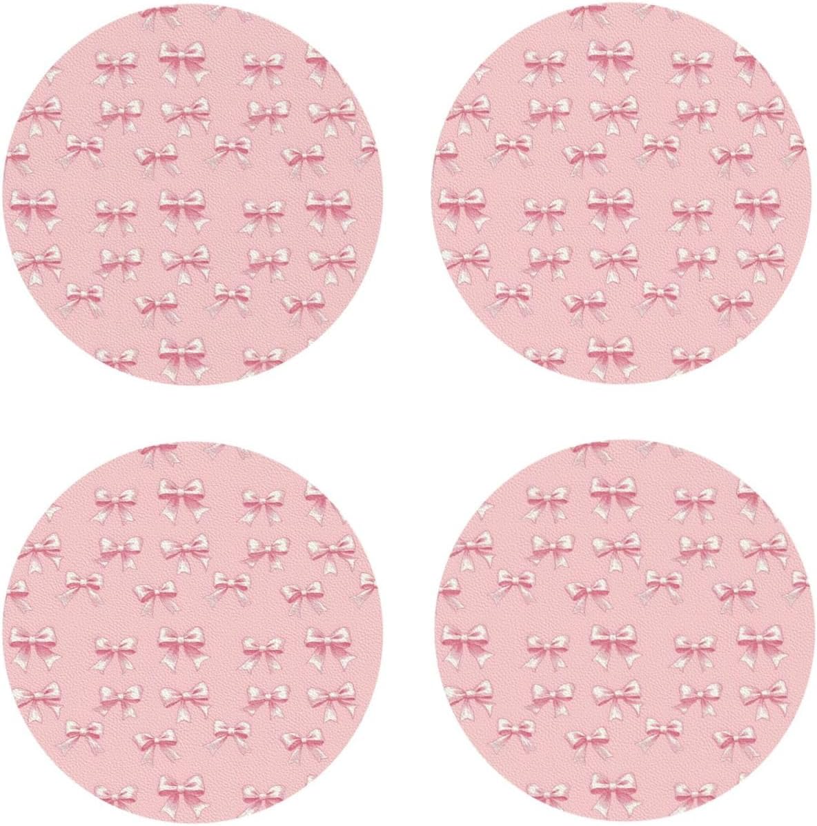 Leather Coasters Set of 4 - Ribbon Bow Pink Print Lightweight Drink Coasters for Desk, Non-Slip Anti-Scalding Desk Coaster Cup for Table Office Decor