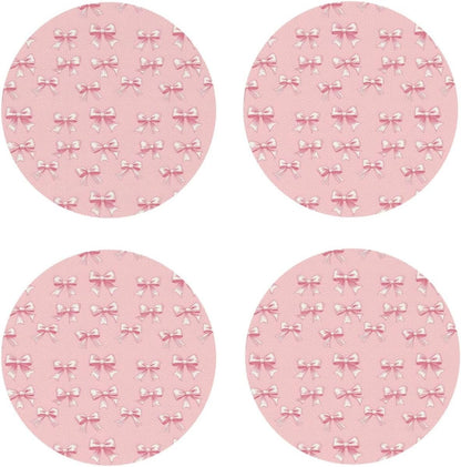 Leather Coasters Set of 4 - Ribbon Bow Pink Print Lightweight Drink Coasters for Desk, Non-Slip Anti-Scalding Desk Coaster Cup for Table Office Decor