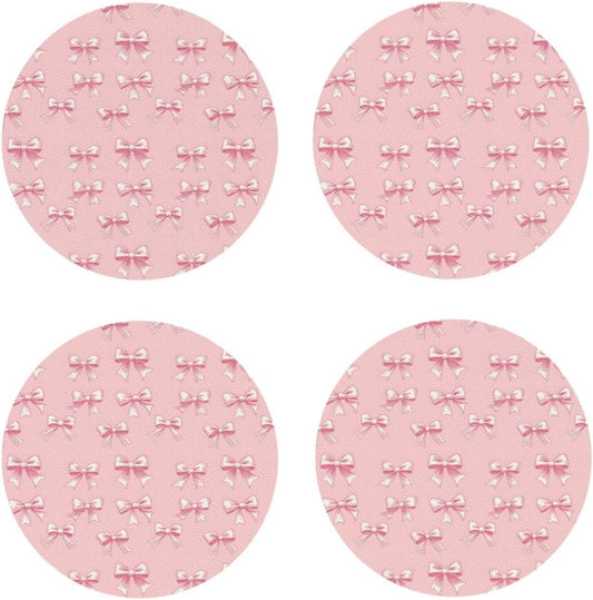 Leather Coasters Set of 4 - Ribbon Bow Pink Print Lightweight Drink Coasters for Desk, Non-Slip Anti-Scalding Desk Coaster Cup for Table Office Decor