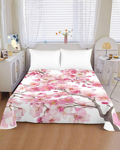 Full Size Flat Sheet Only, Spring Peach Flowers Soft Brushed Microfiber Bed Sheets, Pink Botanical Floral Leaves Branch Hotel Quality Breathable Bedding Top Sheet, Easy Care, 81"x96"